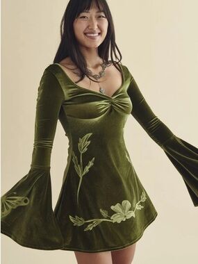 Green Velvet Bell-Sleeve Mini Dress with butterfly